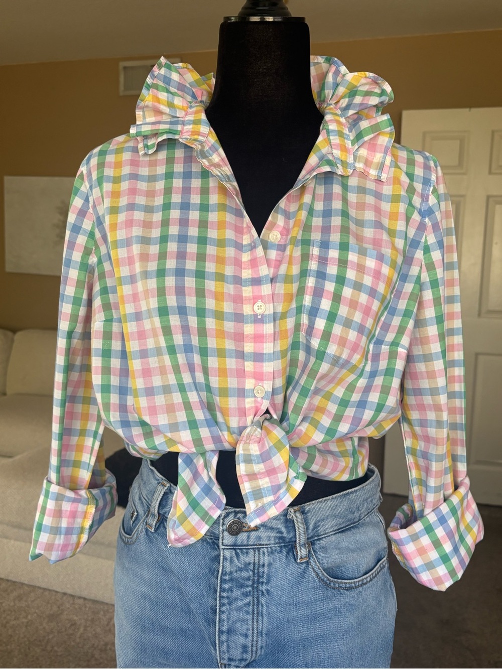 Reworked J.Crew  Plaid Ruffle-Collar Shirt - Women’s Pink/Blue/Yellow Size L